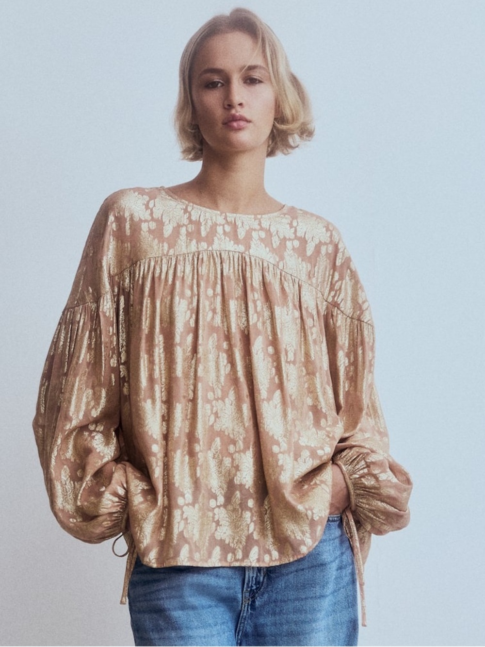 H&M Neutral Metallic Floral Peasant Blouse OVERSIZED JACQUARD BLOUSE